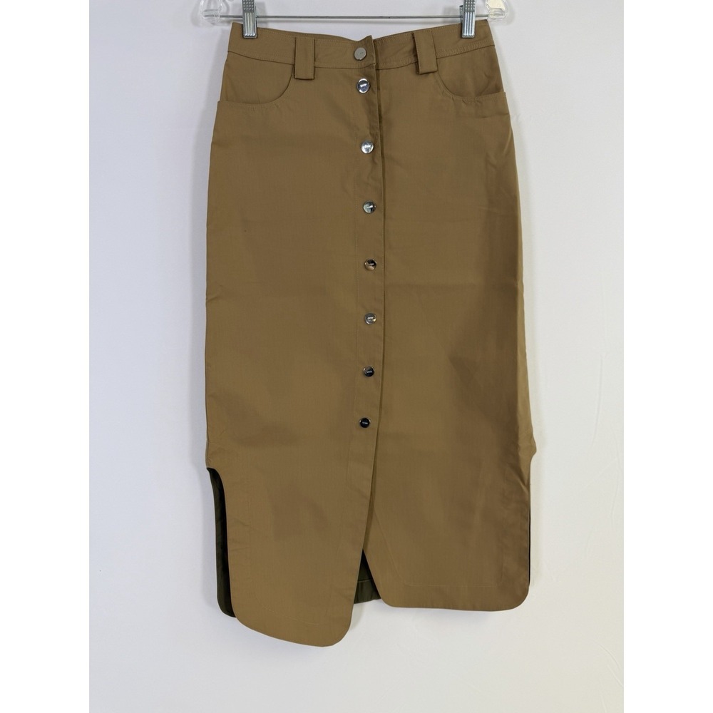 Ganni  A-line Midi Skirt  Snaps Asymmetrical Brown Side Slits Sz 36 US‎ S NWOT